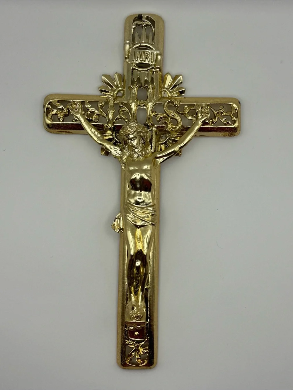 Vintage Ornate Gold Tone Crucifix Wall Cross Jesus INRI Openwork Religious Decor